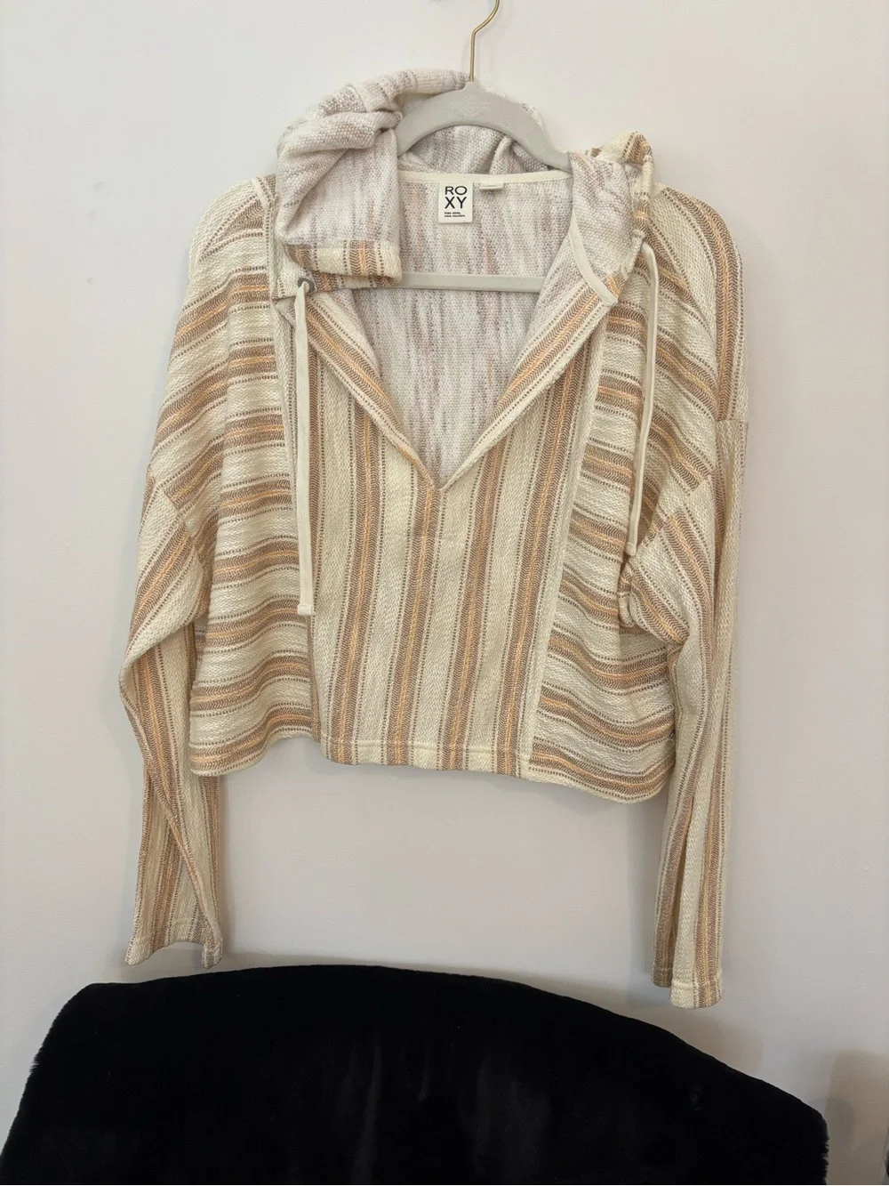 Roxy Striped Hooded Pullover in Cream and Tan
